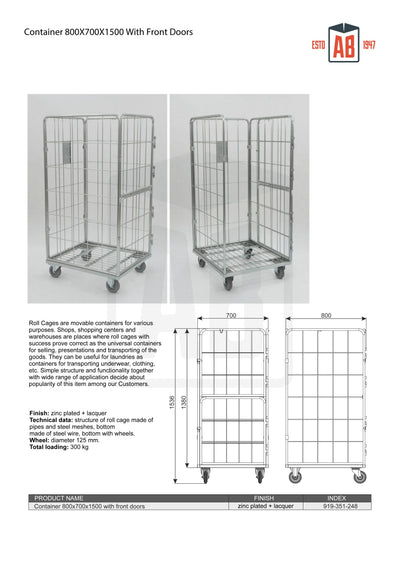 Container 800x700x1500 with Front Doors – Secure Roll Cage for Easy Access - AB Range
