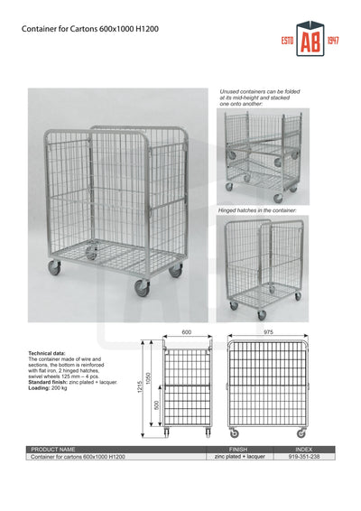 Container for Cartons 600x1000 H1200 – Optimized Roll Cage for Boxed Goods - AB Range
