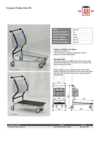 Vario 90 Transport Trolley – Fixed Basket Trolley with Wire Platform - AB Range