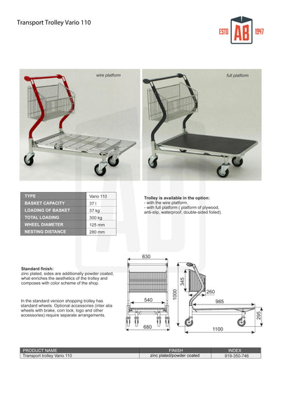 Vario 110 Transport Trolley – Fixed Basket Trolley with Wire Platform - AB Range