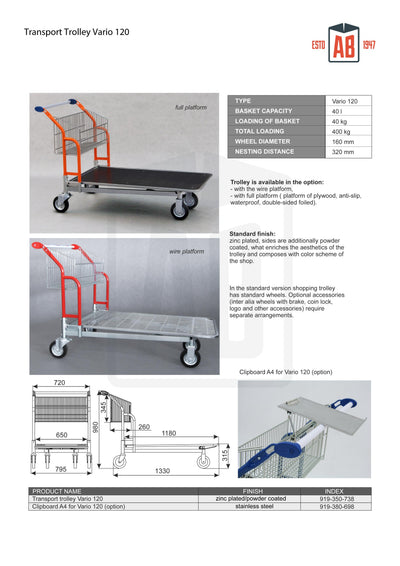 Vario 120 Transport Trolley – Fixed Basket Trolley with Plywood Platform - AB Range