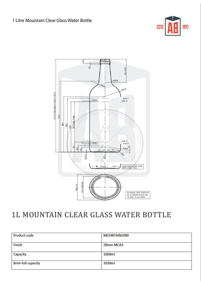 1 Litre Clear Glass Mountain Bottle