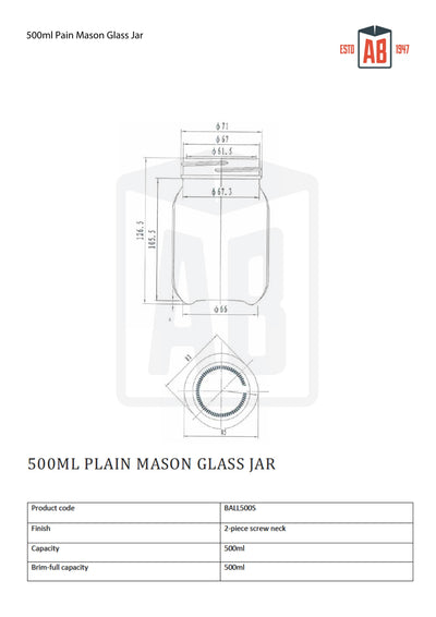 500ml Plain Mason Glass Jar